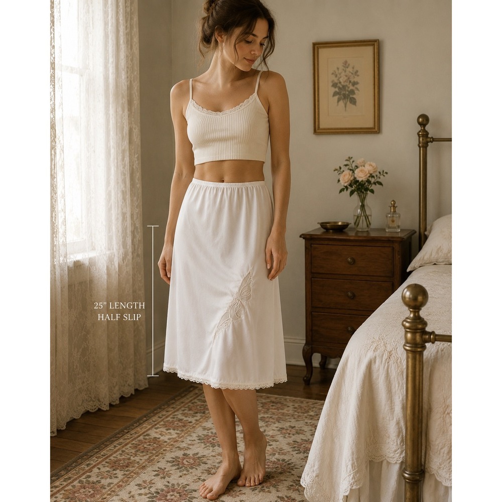 Vintage Vanity Fair Half Slip Scallop Lace Trim Bow Detail‎ Nylon Ivory Small